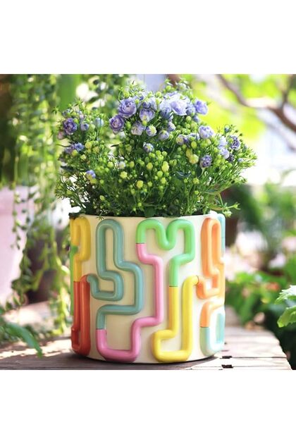 GUGUGO Colorful Squiggle Lines Planters Cute Unique Rainbow Planter with Drainage, Vintage Retro Flo