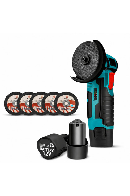Mini Polizor Unghiular Portabil 12V cu 2 Acumulatori și 5 Discuri de Tăiere