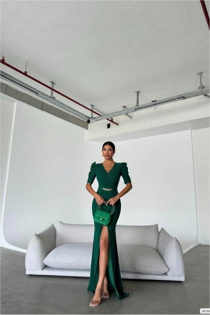 Double-Breasted Slit Maxi Evening Dress with Collar and Long Sleeves