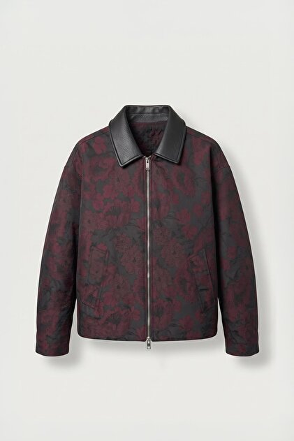 Men's Boxy Fit Leather Collar Jacquard Floral Patterned Jacket Black