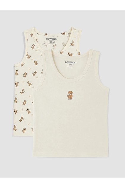 Lcw Kids Ecru Crew Neck Printed Boys' Undershirt 2-Pack