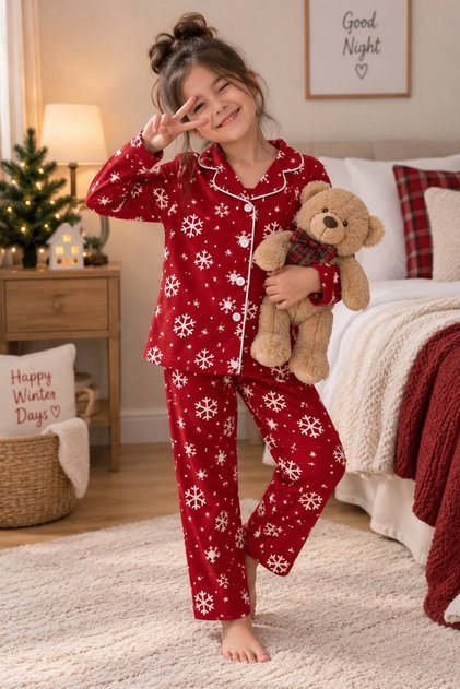 Girls' Cotton Suede Fabric Cardboard Patterned Shirt Collar Long Sleeve Pajama Set