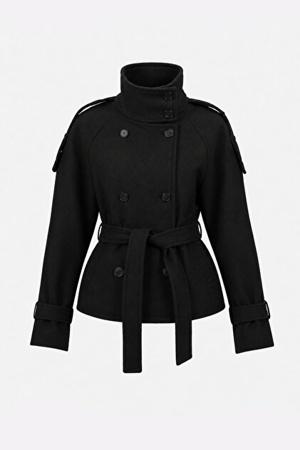 Bsk Standing Collar Thick Checked Black Coat Trench Coat