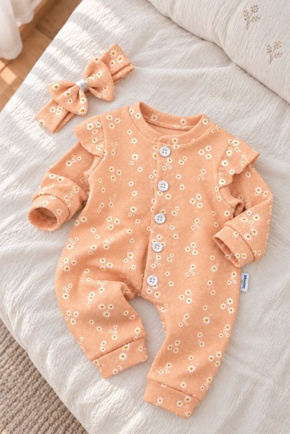 Baby Girl Jumpsuit Daisy Patterned Ruffle Detailed Hairband 2-Piece Baby Girl Set