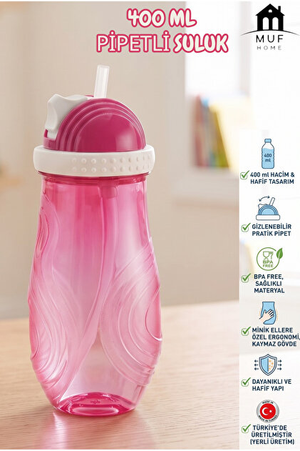 Pratik Pipetli Çocuk Suluğu - Kolay Açılır Pipet Sistemli Okul ve Anaokulu İçin Sızdırmaz Matara BPA İçermez. 400 ML
