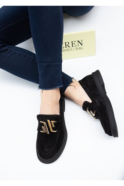 5528 Eren Shoes&Bag Genuine Leather Suede Buckle Detailed Low Heeled Daily Comfortable Orthopedic Insole Shoes Real Leather Suede Black