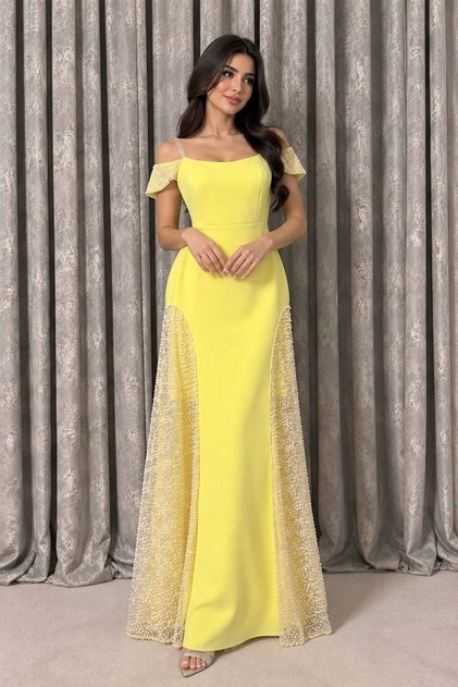 Lemon Long Evening Dress with Side Pearl Details ✨