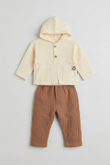 Baby Boy Muslin Hooded Buttoned 2-Piece Set