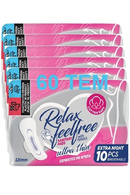 Relax Feelfree Extra Night Σερβιέτες 60 ΤΕΜ (6Χ10τεμ.) Extra Night Ultra Thin Cotton Soft με φτερά