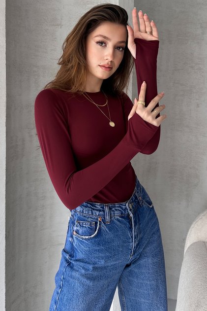 Bordo Parmak Geçirmeli Bluz