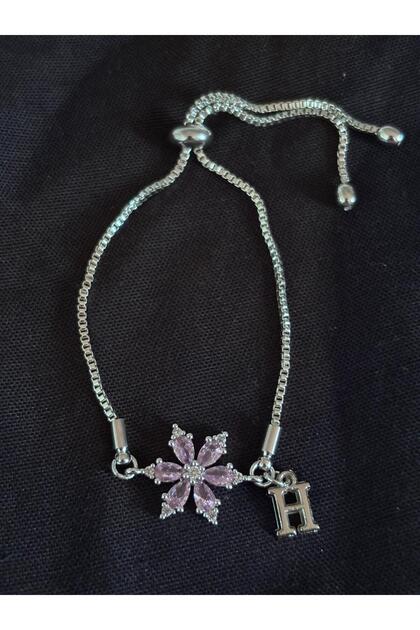 Steel Pink Zircon Stone Lotus Flower H Letter Bracelet