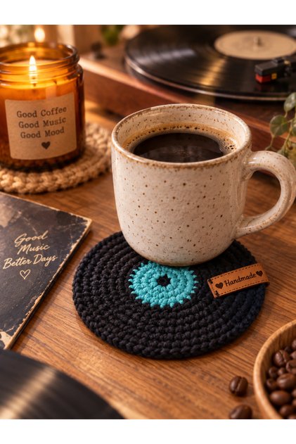 Hubush Handmade Retro Record Coaster – Knitted Vinyl Record Design-Turquoise