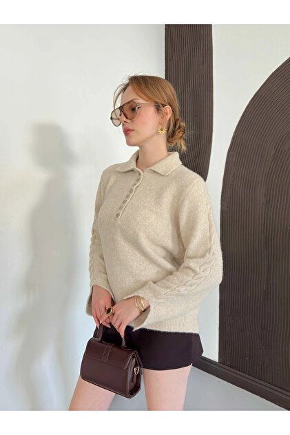 Button Detailed Collared Sleeve Patterned Knitwear Sweater