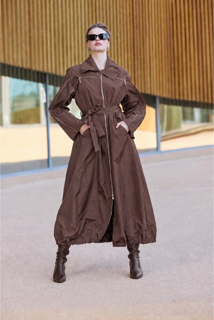 Long Zip-Front Overcoat with Sleeve Details - Brown