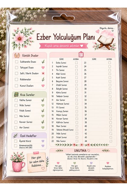 Ezber Yolculuğum Planı A5 50 Yaprak – Kuran Sure Ezberleme ve Dua Takip Çizelgesi – Ezber Takip Defteri – Planner