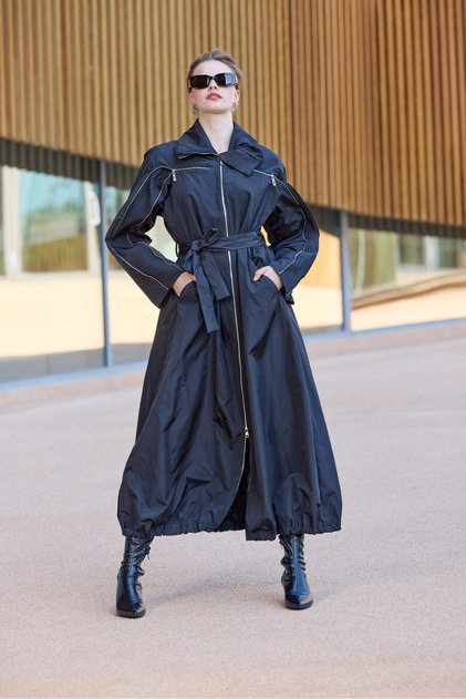 Long Zip-Front Overcoat with Sleeve Details - Navy