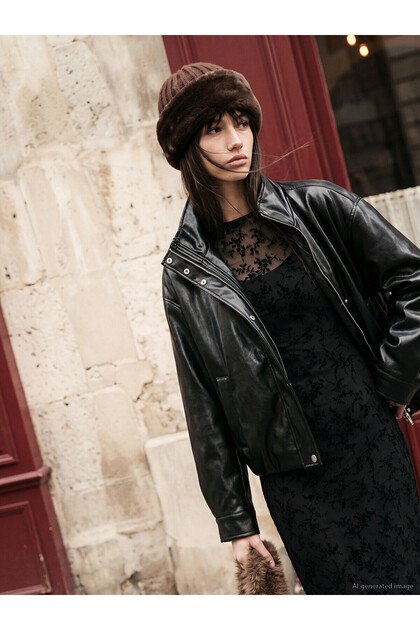 Black Stand Collar Women's Leather Look Coat