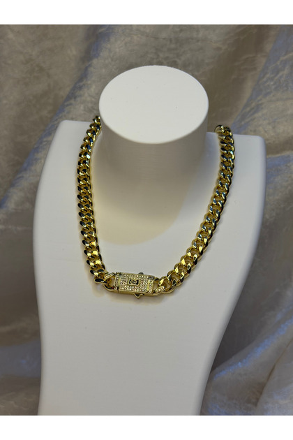 Premium Çelik Gold Gurmet Chain Taşlı Klips/Kilit Tasarım Lüks Kolye CL53