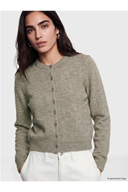 Beige Crew Neck Women's Knitwear Cardigan