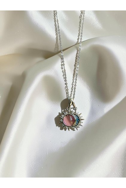 Silver Moon-and-Sun Steel Necklace with Pink Stones