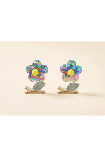 Set of 2 Pompom Sequined Floral Swinging Clips with Buckle