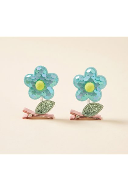 Set of 2 Pompom Sequined Floral Swinging Clips with Buckle