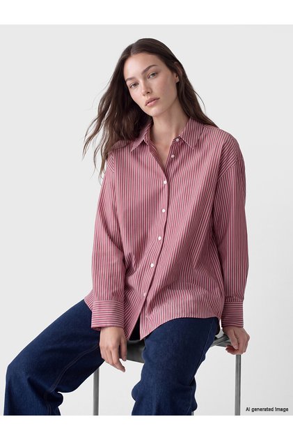 Gencc Quality Lcw Modest Burgundy Striped Poplin Women's Shirt
