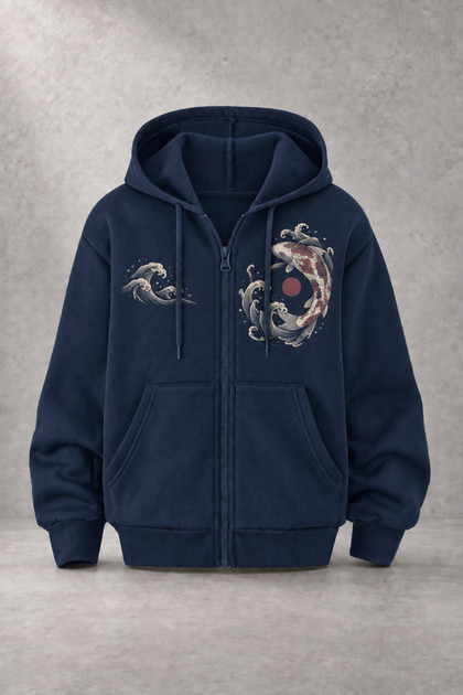 Unisex Fish Wave Printed Three Yarn Combed Cotton Fabric Hooded Zippered Navy Blue Cardigan