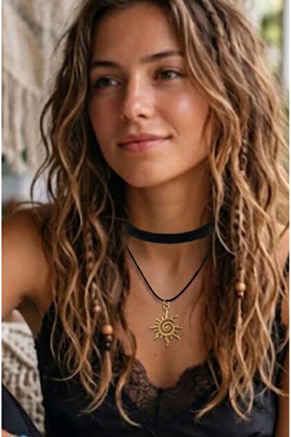 Altın Renk Spiral Güneş Uçlu Siyah Kadife ikili Choker Kolye