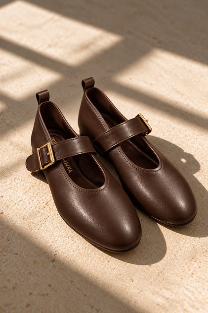 Norel Brown Leather Women's Genuine Leather Mary Jane Ballerina Buckle Shoes