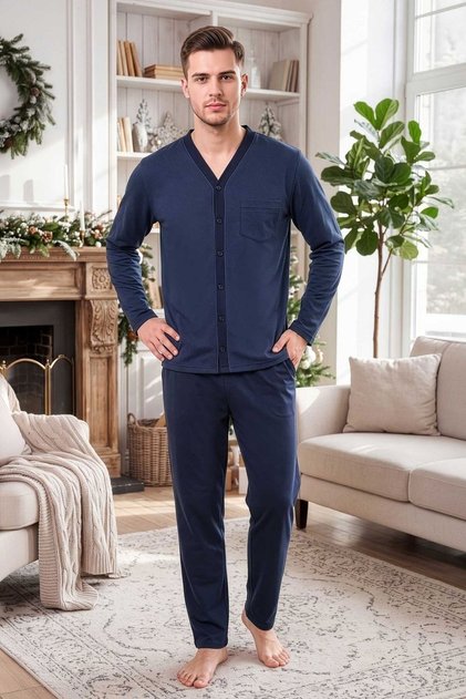 Men's Buttoned Long Sleeve Pajama Set Navy Blue 100% Cotton