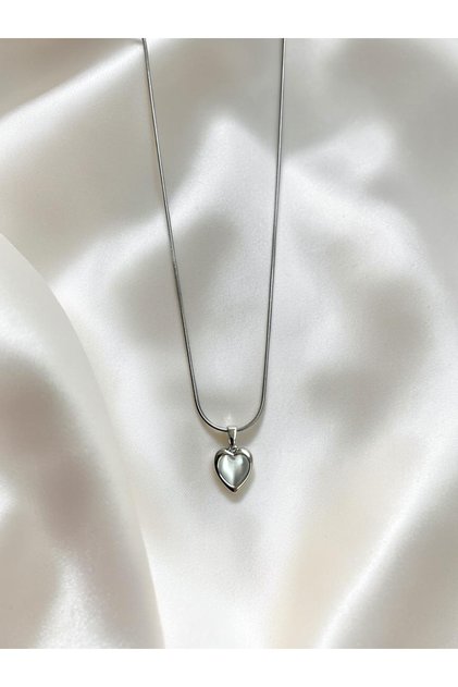 Opal Look Heart Silver Color Steel Necklace