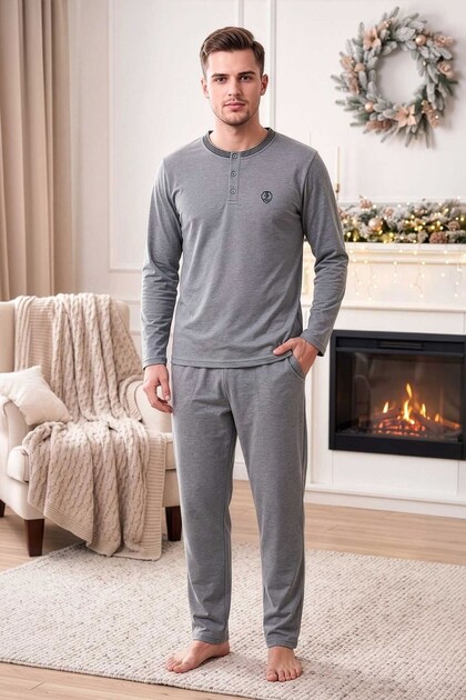 Men's Buttoned Long Sleeve Pajama Set Gray 100% Cotton
