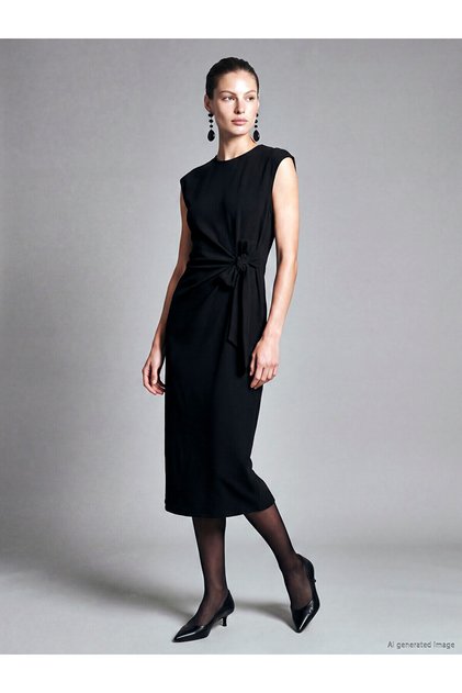 Gencc Quality with Lcw Studio Black Diver Fabric Plain Narrow & Slim Oval Collar Long Dress