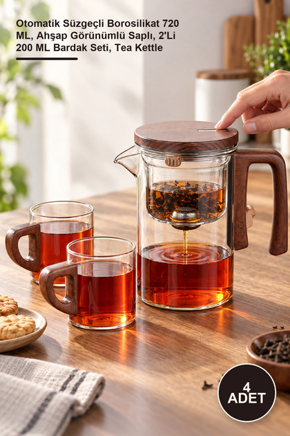 4 Adet Cam Demlik – Otomatik Süzgeçli Borosilikat 720 ML, Ahşap Görünümlü Saplı, 2'Li 200 ML Bardak Seti, Tea Kettle