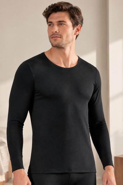 Men's Black Crew Neck Long Sleeve Thermal Underwear Top Winter Warm Flexible Body-Hugging Undershirt