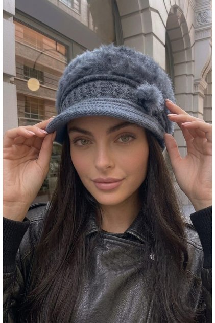 Fluffy Plush Knitted Beanie with Bow Decoration and Visor