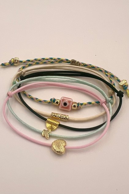 Ceramic Evil Eye Beads & Gold Object Nefti Green Turquoise Pink Rope Bracelet Set 5 Pieces