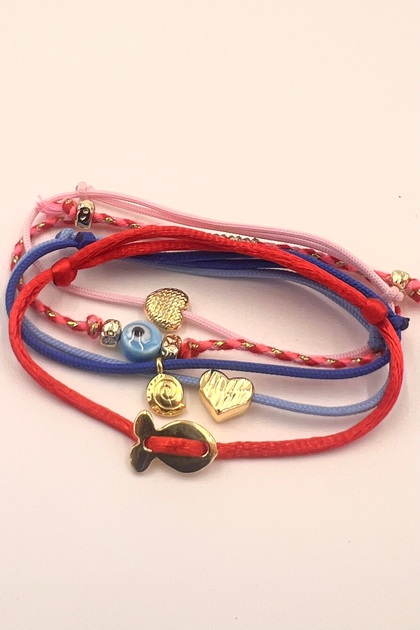Ceramic Evil Eye Beaded & Gold Object Rope Bracelet Set 5 Pieces