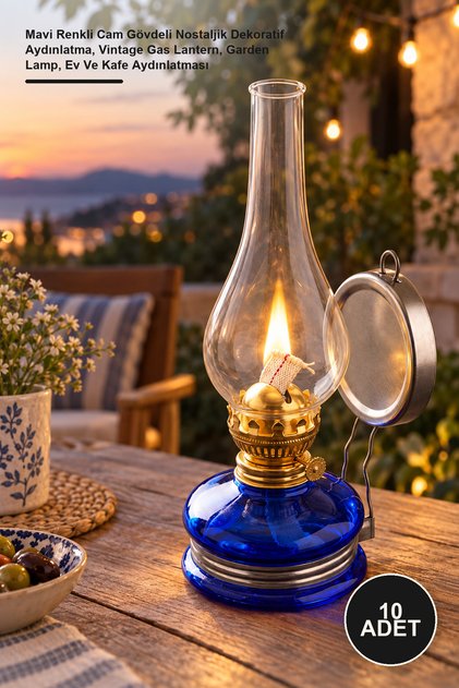 10 Pieces of Glass Gas Lamps – Nostalgic Decorative Lighting with Blue Glass Body, Vintage Gas Lantern, Garden Lamp, Home and Cafe Lighting