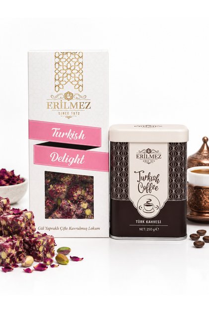 200 g Gül Yapraklı Çifte Kavrulmuş Antep Fıstıklı Lokum + 250 g Türk Kahvesi Teneke Kutu Hediye Seti