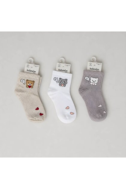 Kinago Teddy Bear Patterned Cotton Girls' Socks – Pack of 3
