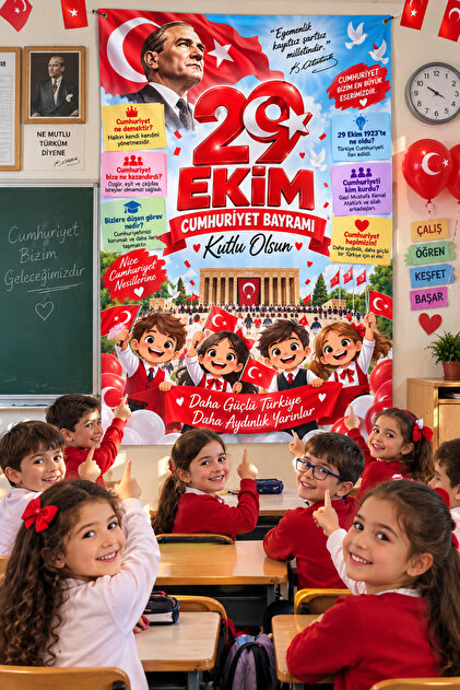 29 Ekim Cumhuriyet Bayramı Atatürk Temalı Branda 100x150 cm – Okul Sınıf Süsleme, Cumhuriyet Bayramı Afişi, Eğitici Pano