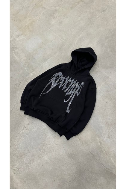Taş Baskılı Siyah Kapüşonlu Sweatshirt