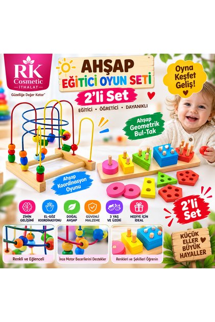 2’li Ahşap Eğitici Oyuncak Seti – Koordinasyon Oyunu + Geometrik Bul Tak