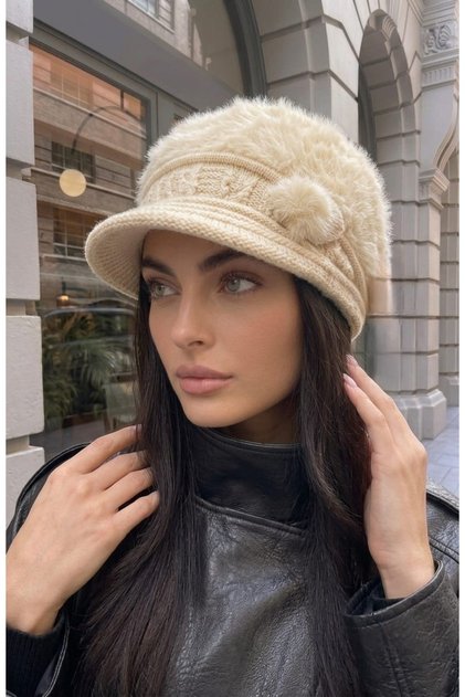 Fluffy Plush Knitted Beanie with Bow Decoration and Visor
