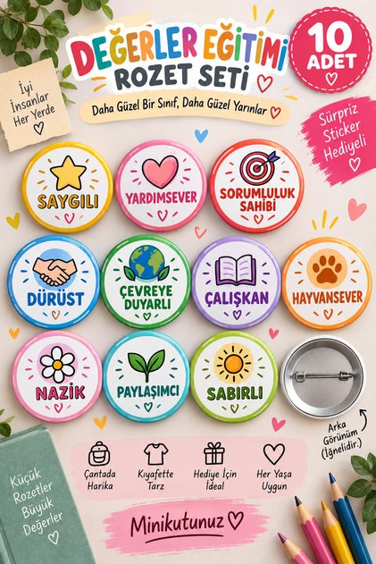 10’lu Değerler Eğitimi Rozet Seti – Saygılı, Yardımsever, Sorumluluk Sahibi, Dürüst, Çalışkan Öğrenci Motivasyon Rozetleri
