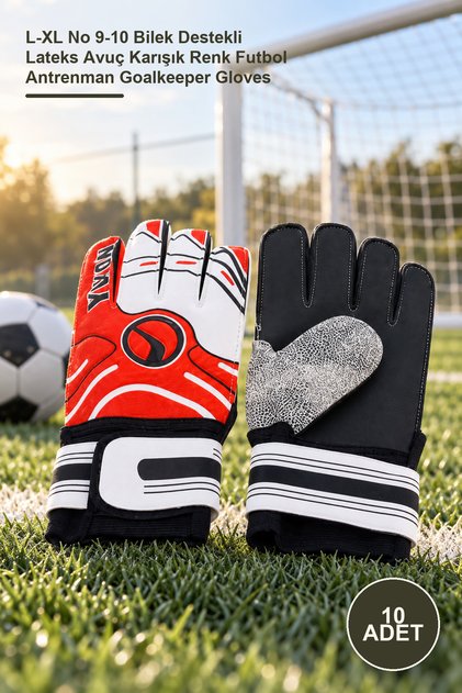 10 Adet Kaleci Eldiveni – L-XL No 9-10 Bilek Destekli Lateks Avuç Karışık Renk Futbol Antrenman Goalkeeper Gloves