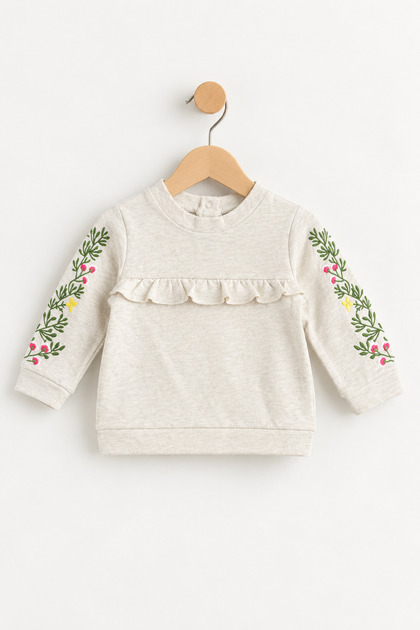 Baby Girl/Child Snap-Back Sleeve Embroidered Embellished Sweatshirt Cream