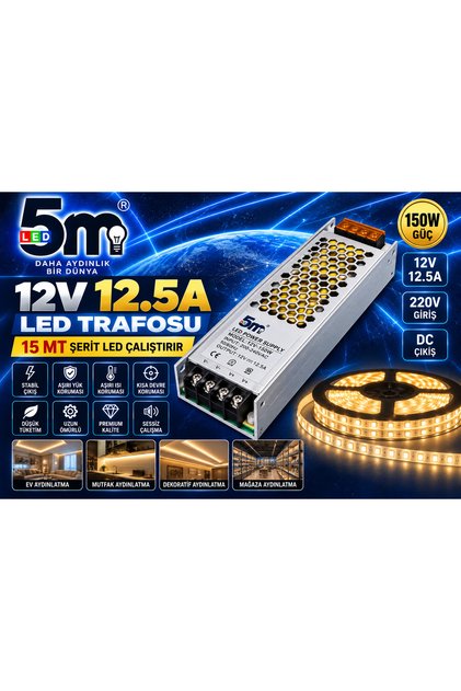 12 VOLT 12.5 AMPER ŞERİT LED TRAFOSU ( 15 mt led çalıştırır)
